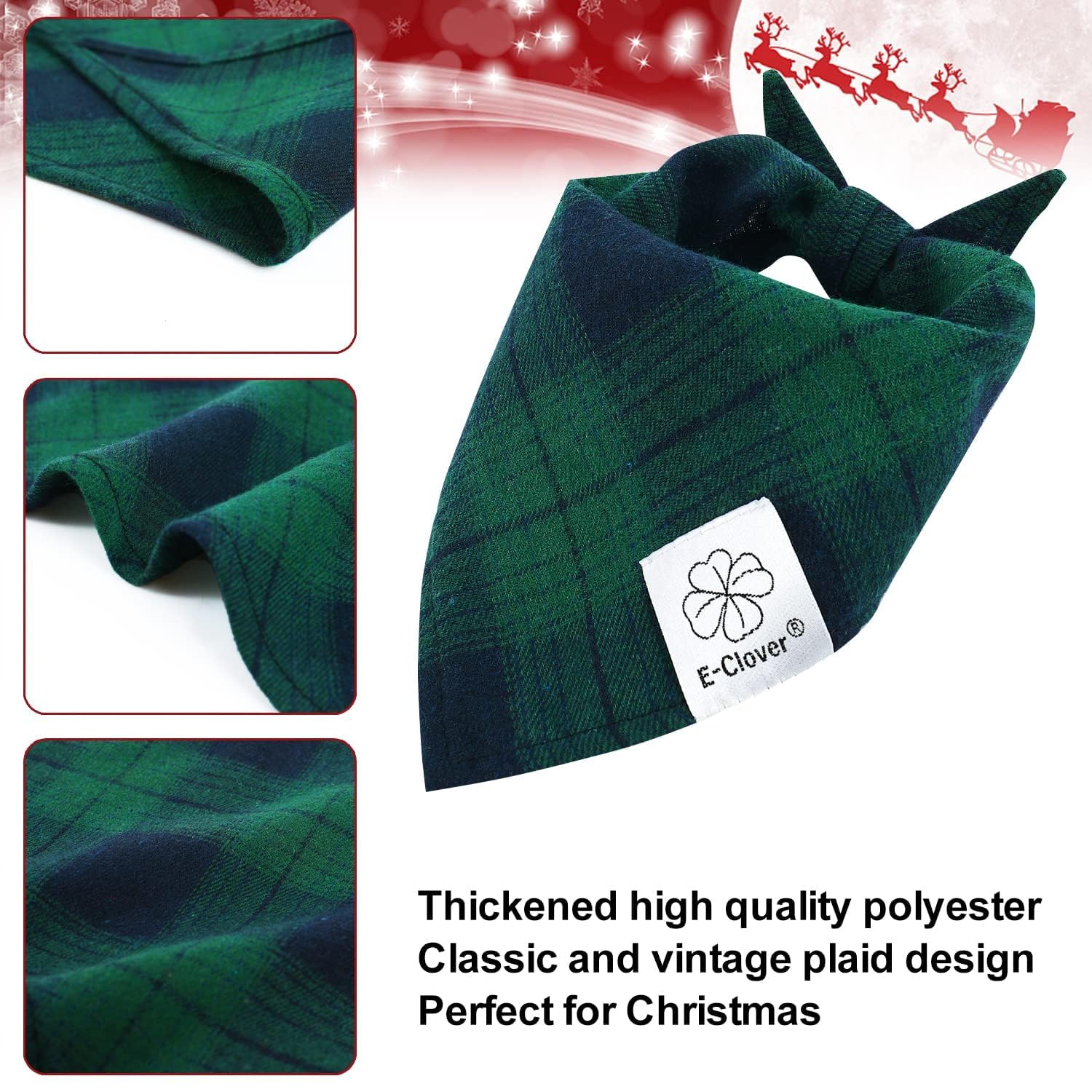 E-Clover small dog model wearing green plaid bandana for everyday wear.