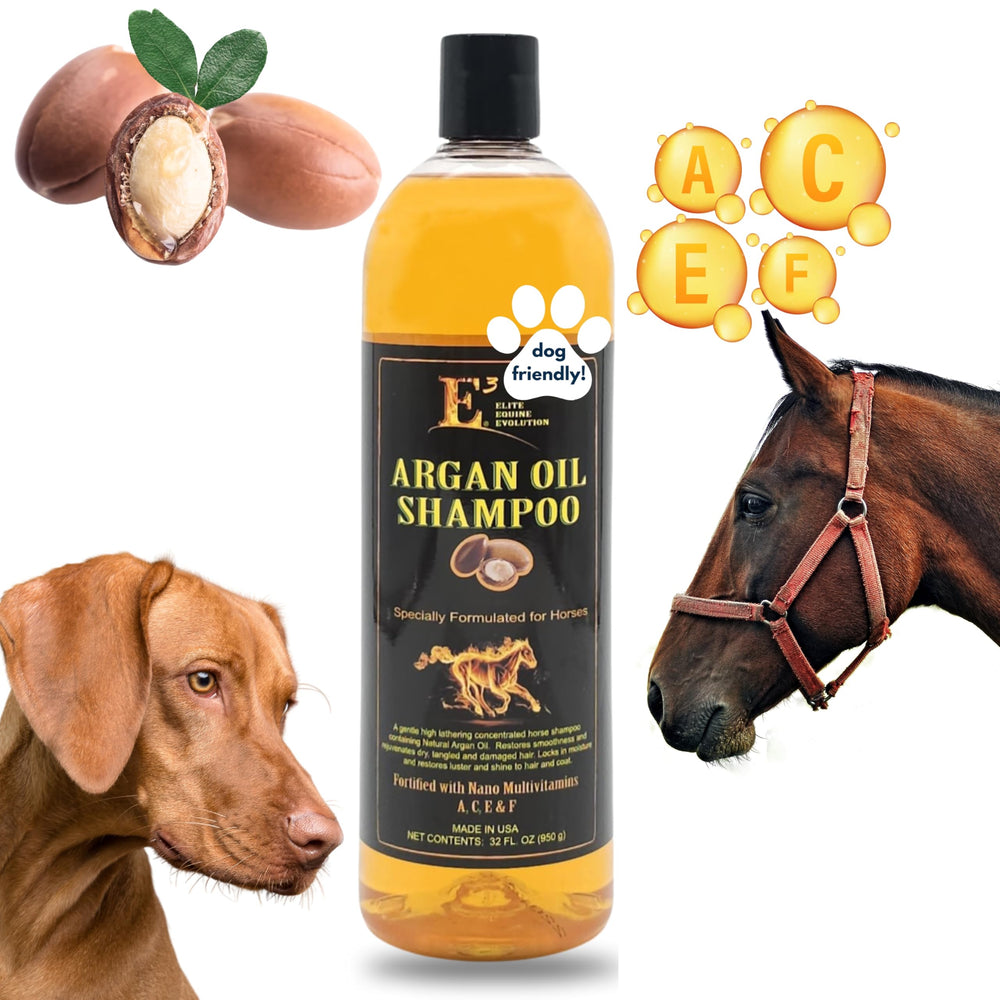E3 Argan Oil Shampoo bottle pour shows conditioning for a calm bath