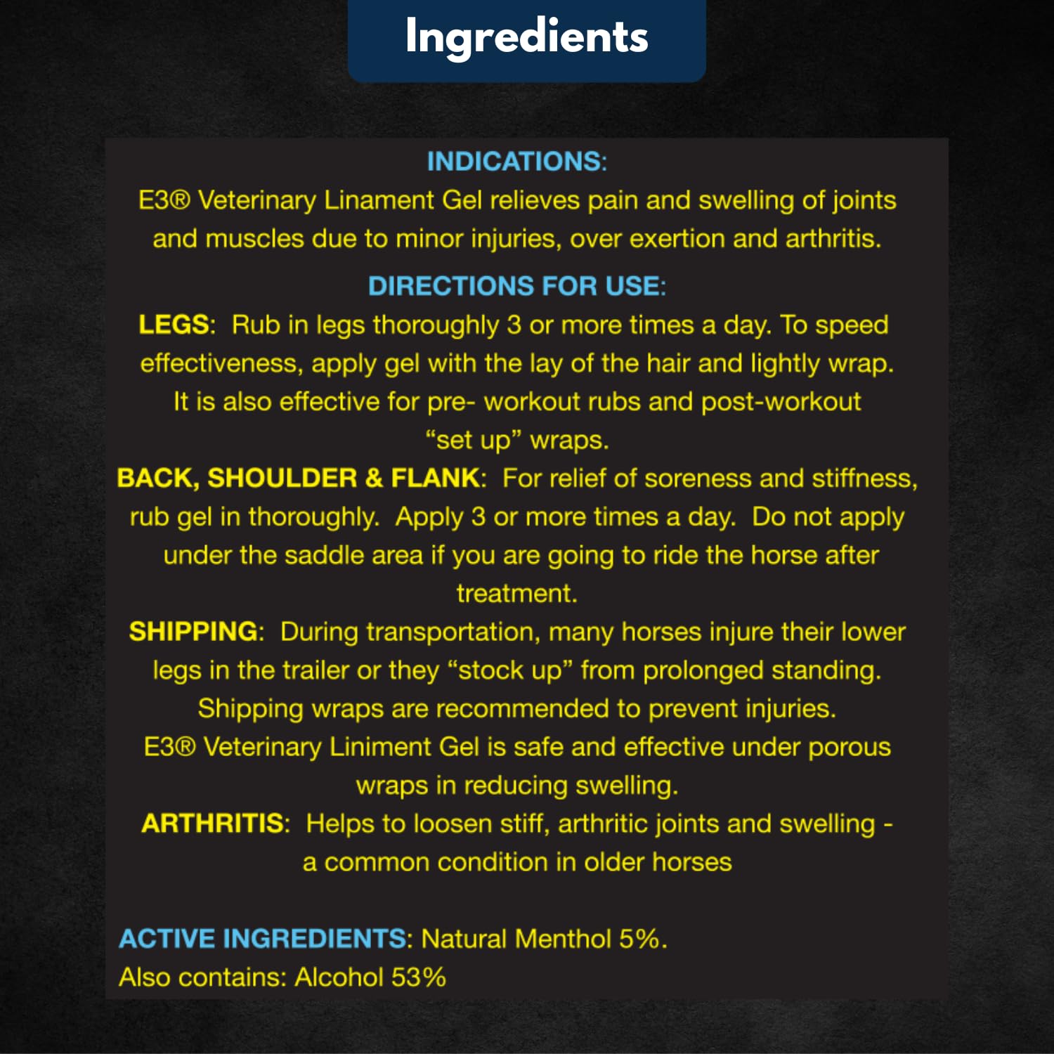 E3 Veterinary Strength Liniment Gel provides targeted pain relief for sore muscles and joints.