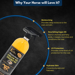 E3 Waterless Argan Oil Shampoo for Horses application scene shows quick spray-and-wipe care.