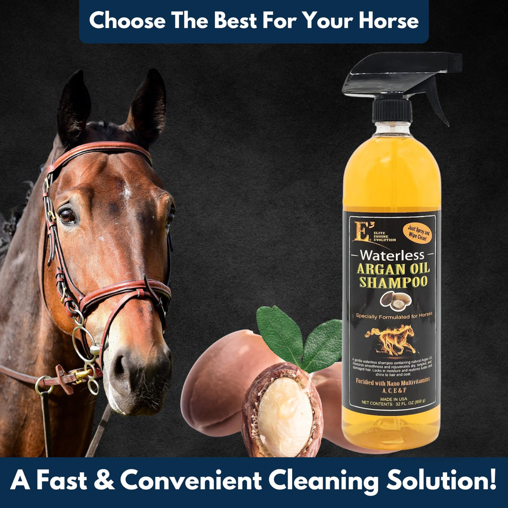 E3 Waterless Argan Oil Shampoo for Horses aroma highlights a pleasant grooming scent.