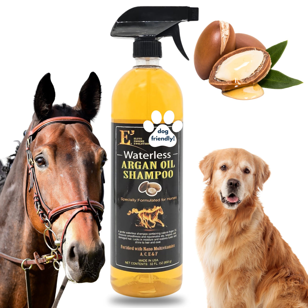 E3 Waterless Argan Oil Shampoo for Horses mane close-up shows easy detangler and shine.