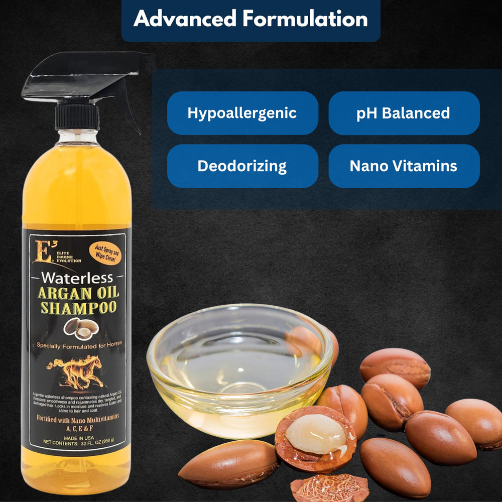 E3 Waterless Argan Oil Shampoo for Horses skin-care formula shown on horse flank for comfort and clean skin.