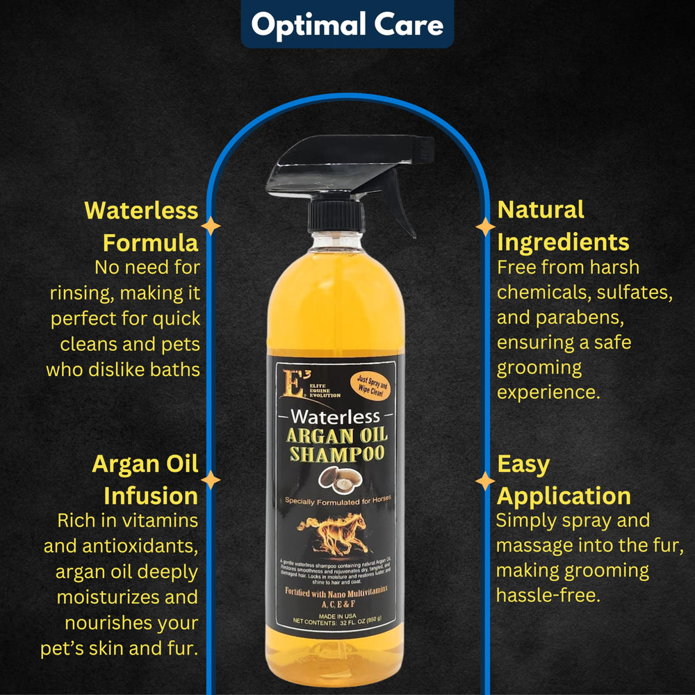 E3 Waterless Argan Oil Shampoo for Horses tail shot highlights refreshed coat and smooth brushing.