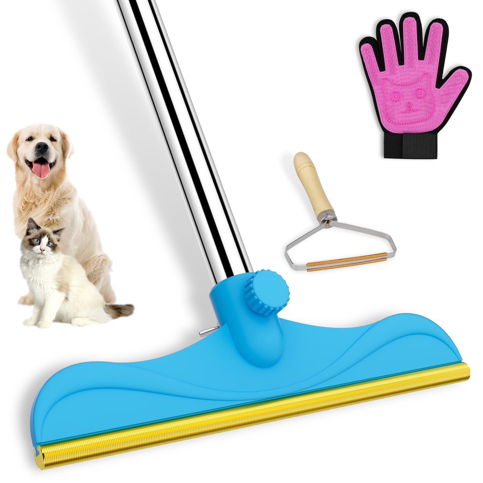 Eaersan 3-in-1 carpet rake long handle clears pet hair from carpets with ease.