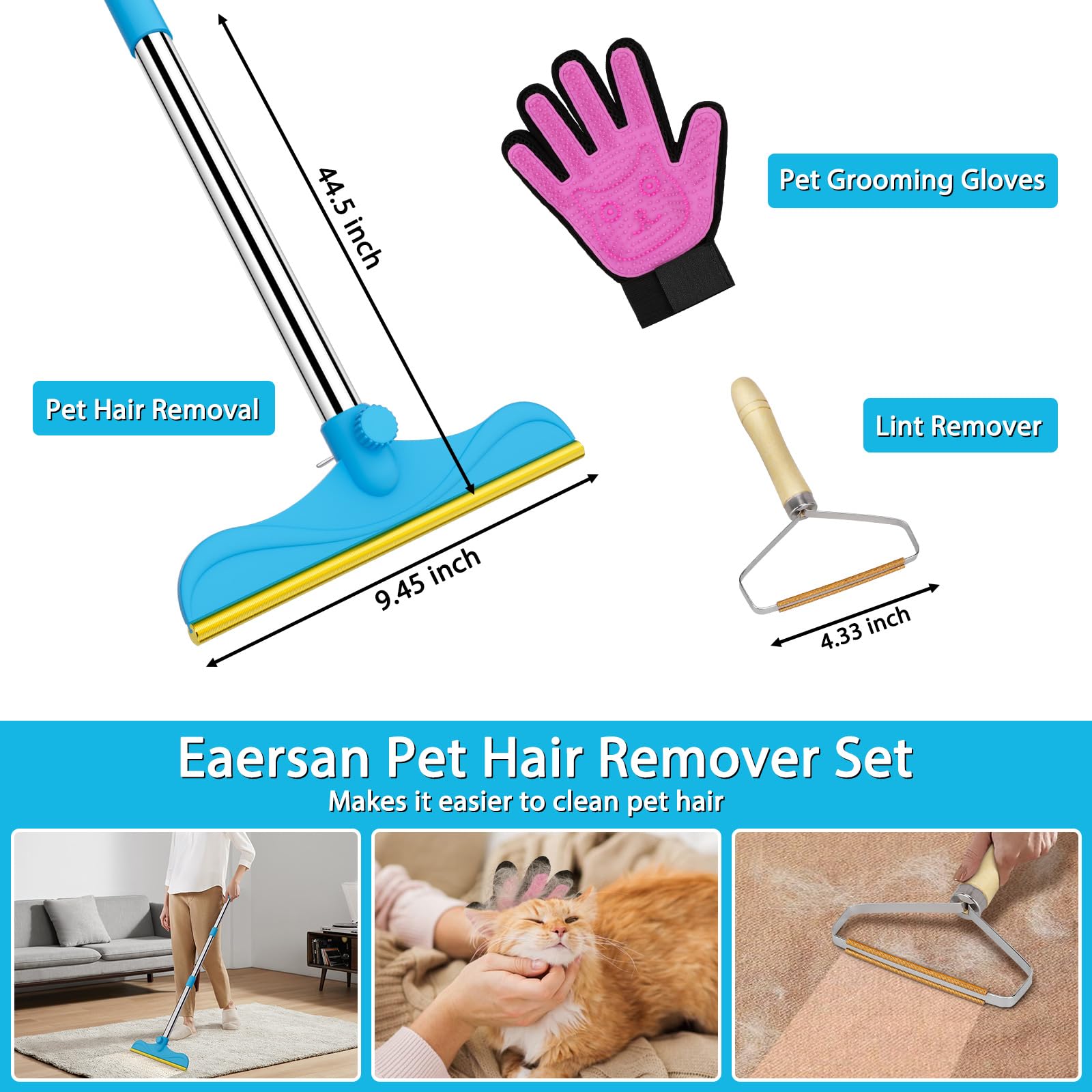 Eaersan metal scraper teeth lift embedded hair from upholstery and low-pile carpets.