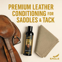 Eagle Saddle Oil on reins, saddles, and stirrups for lasting care.