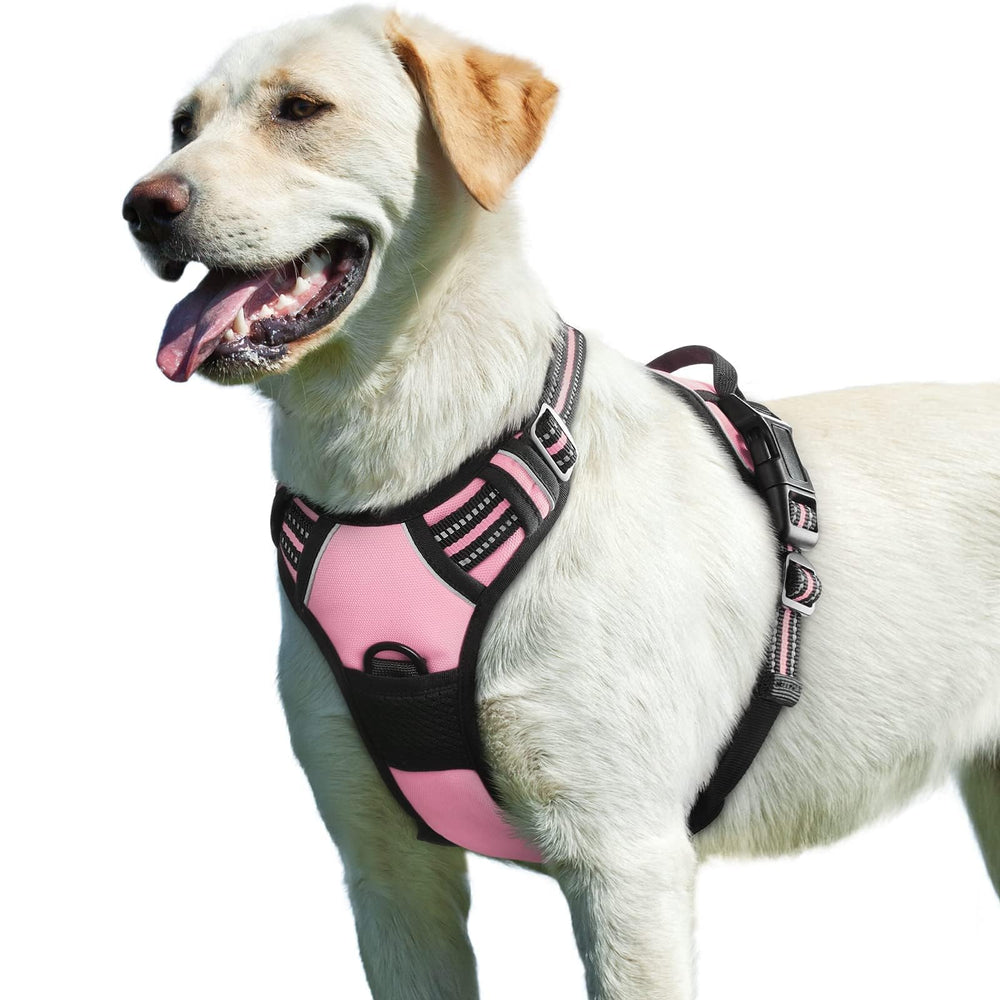 Eagloo dog harness large pink side view with reflective strips for safety.