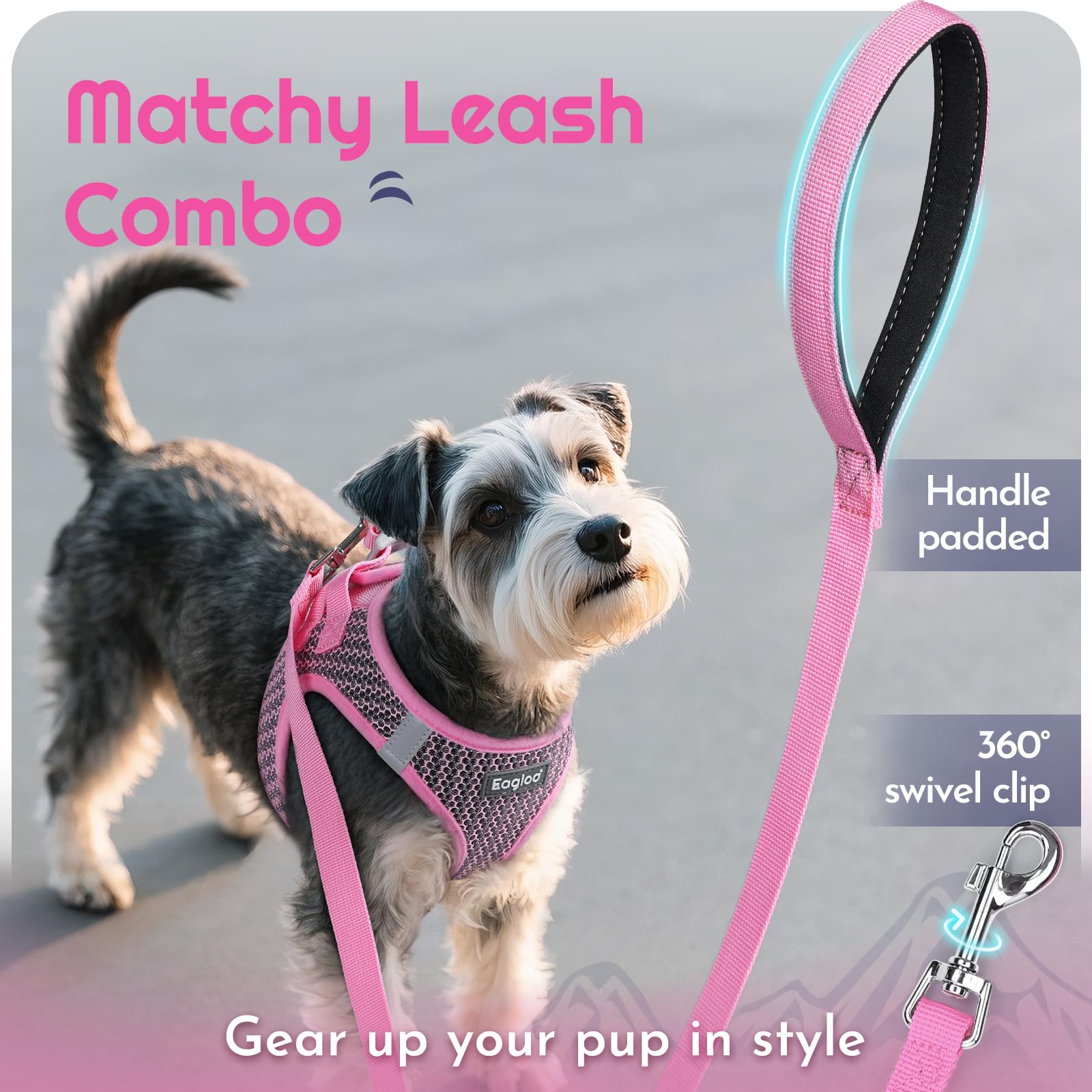 Eagloo pink harness with magic tape closure and strong buckle.