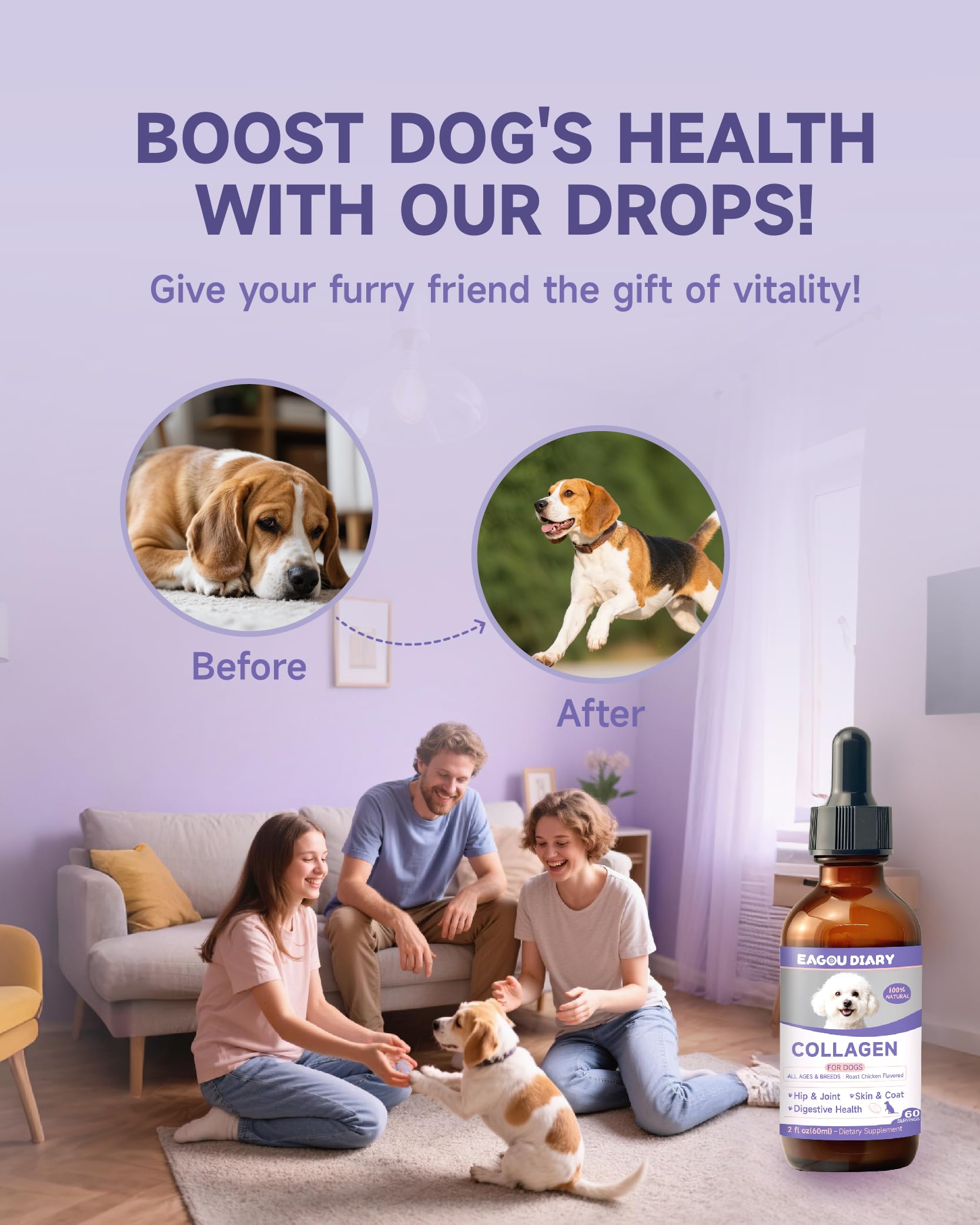 Eagou Diary dog collagen drops 60ml bottle ready for daily use.