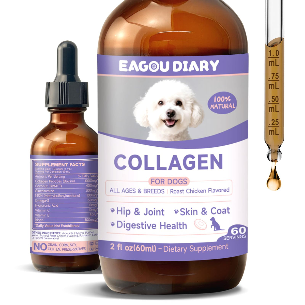 Eagou Diary dog collagen drops bottle for convenient dog joint and coat support.