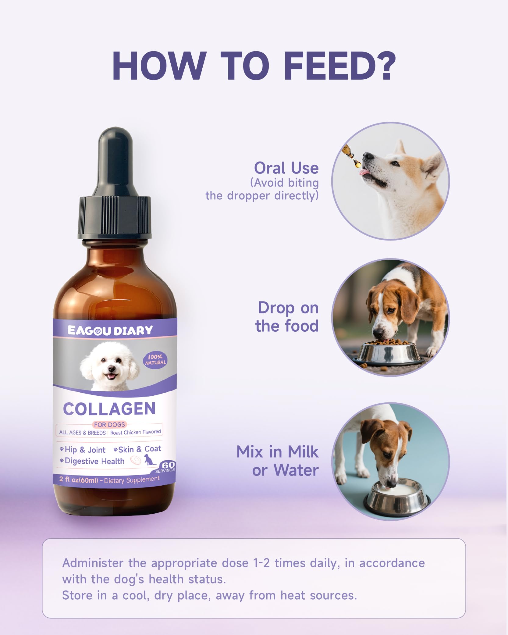 Eagou Diary dog collagen drops aid digestive health and comfort.