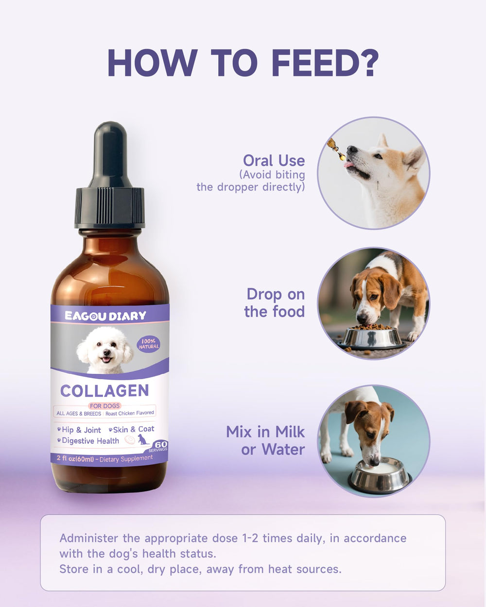 Eagou Diary dog collagen drops aid digestive health and comfort.