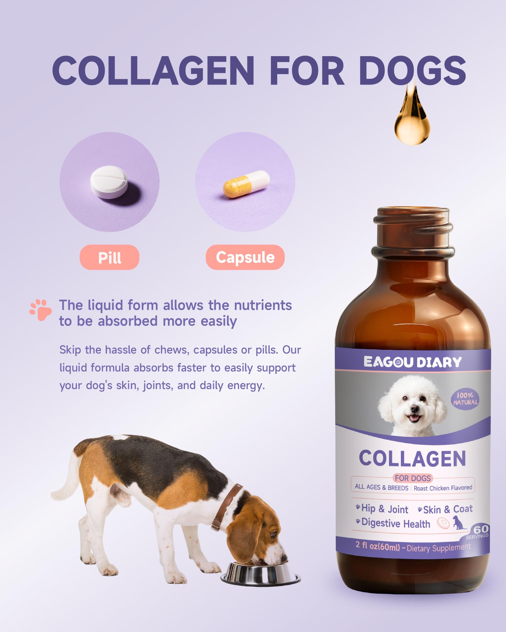 Eagou Diary dog collagen drops boost immune health with vitamin-rich formula.