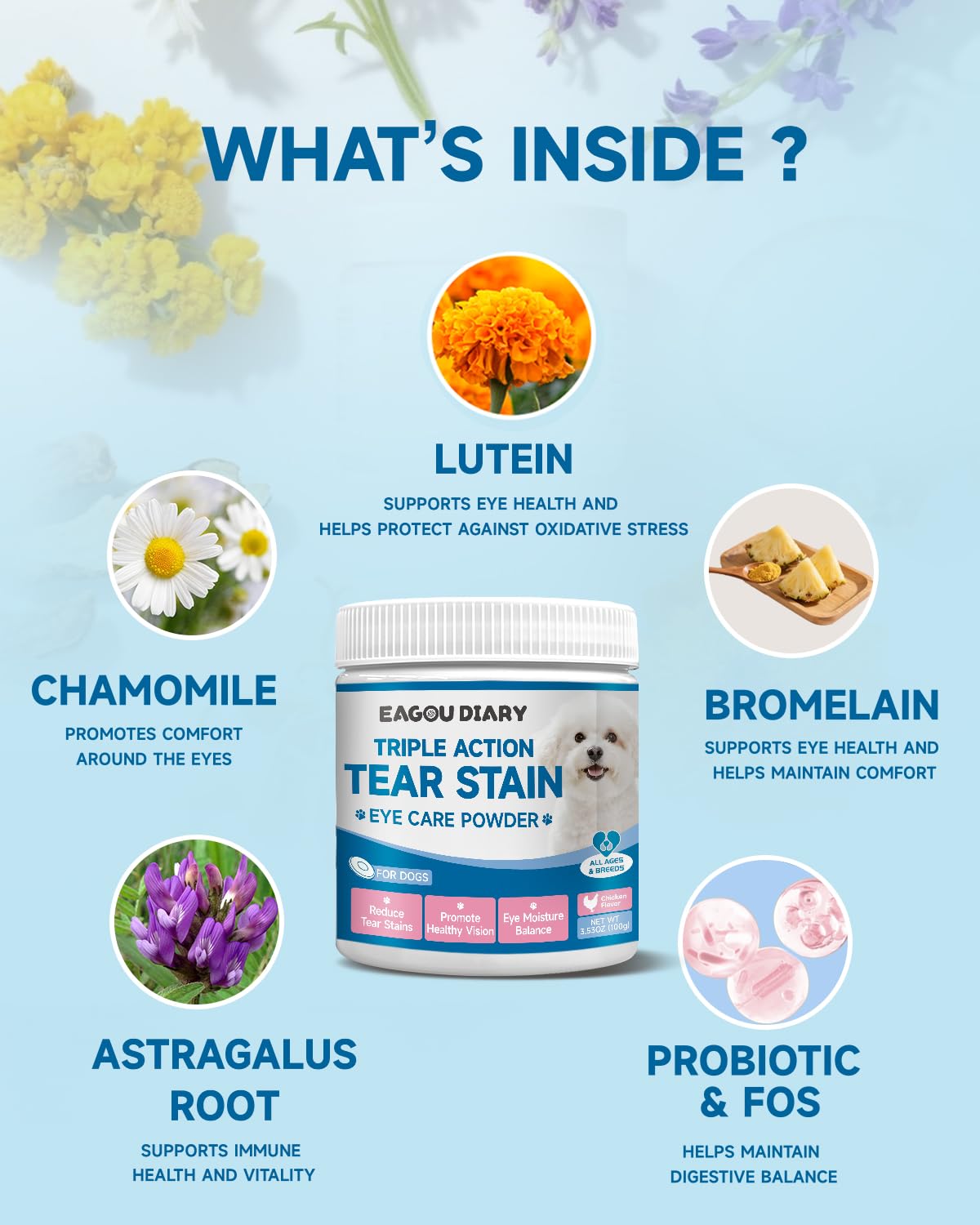 Eagou Diary chamomile and lutein blend supports soothing comfort around eyes.
