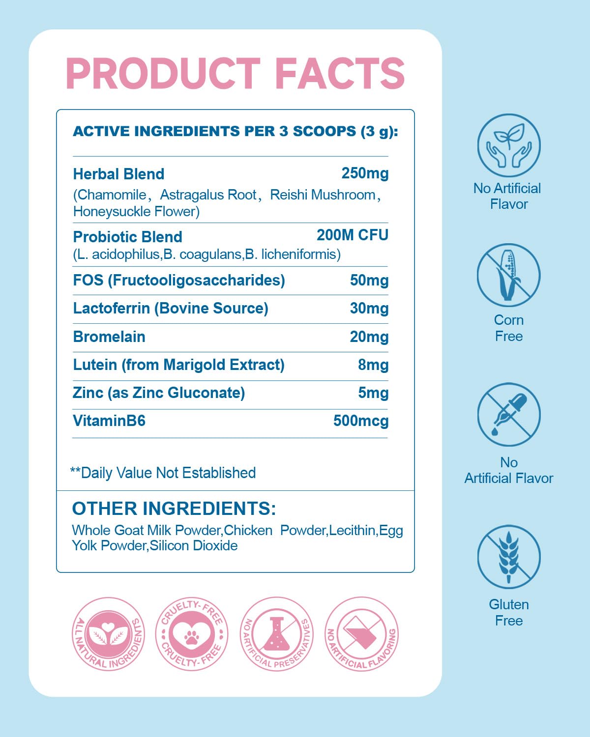 Eagou Diary probiotic blend promotes digestive balance along with tear-stain care.