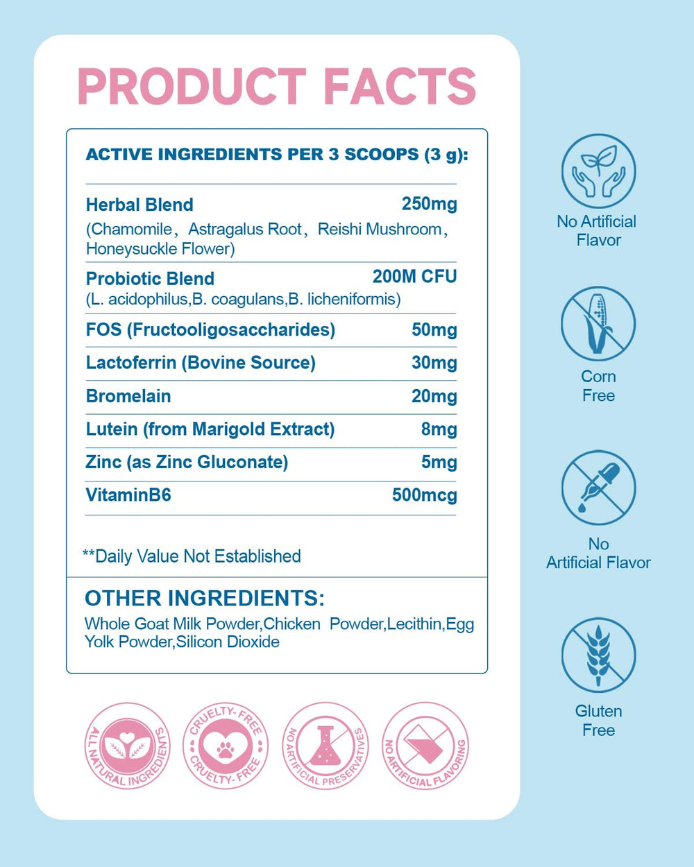 Eagou Diary probiotic blend promotes digestive balance along with tear-stain care.