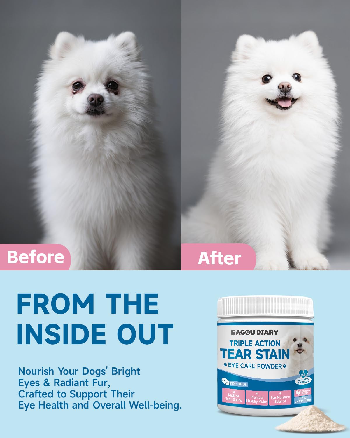Eagou Diary tear-stain powder dosing helps support eye wellness during routine.