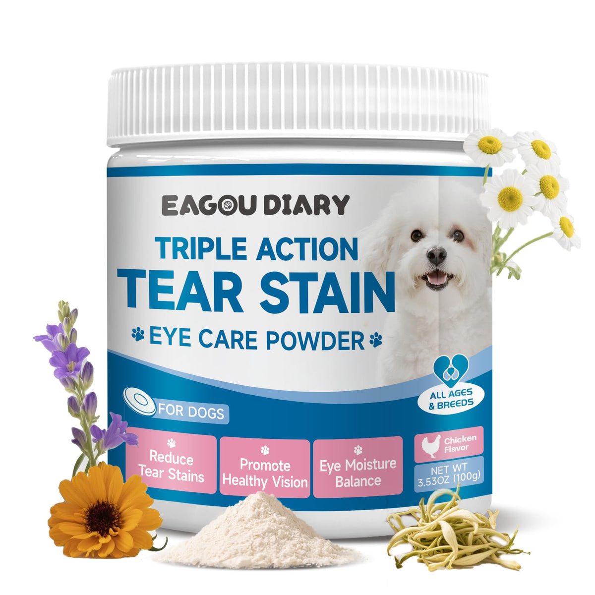 Eagou Diary tear-stain supplement bottle for easy daily dosing and potential tear stain reduction.