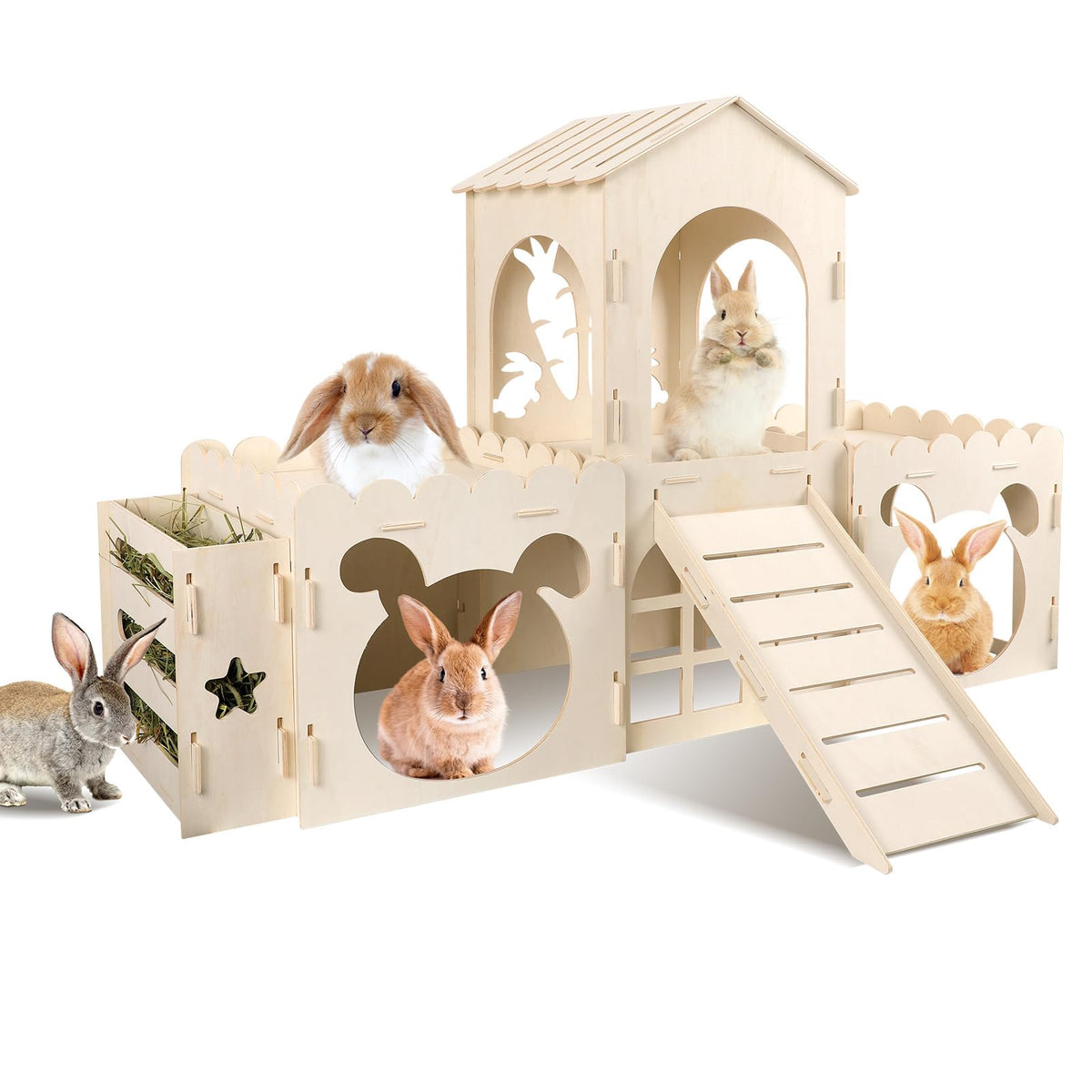 EAROND Large Rabbit Castle assembly shows spacious interior for rabbits to rest and explore.
