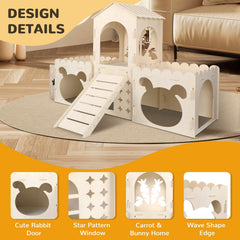 EAROND wooden rabbit house with ramp demonstrates multi‑level exploration and safe climbing.