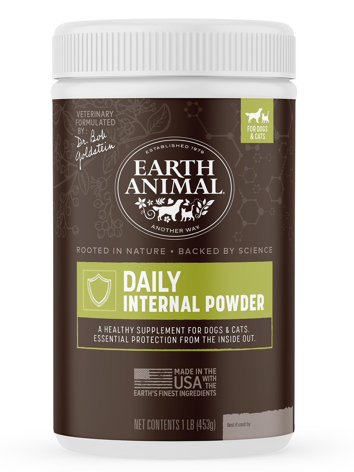 Earth Animal Apothecary daily internal powder bottle; pet safe natural insect deterrence