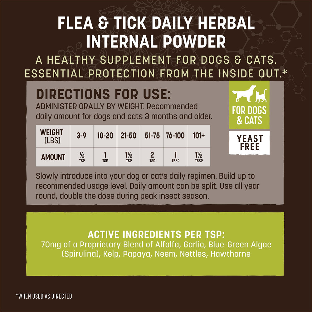 Earth Animal Apothecary powder sprinkled on dog food for gentle, natural support.