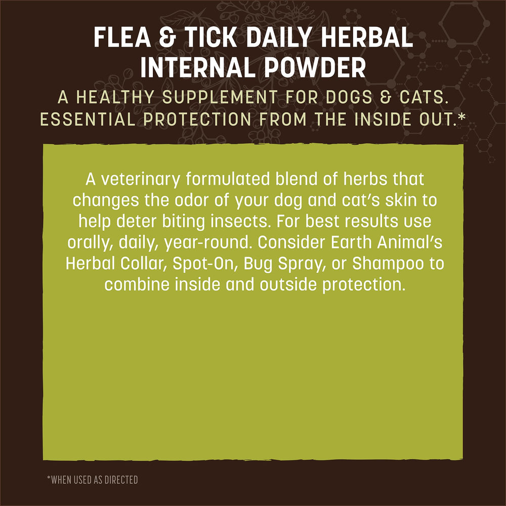 Earth Animal Apothecary powder shown with measuring spoon enables easy, consistent dosing.