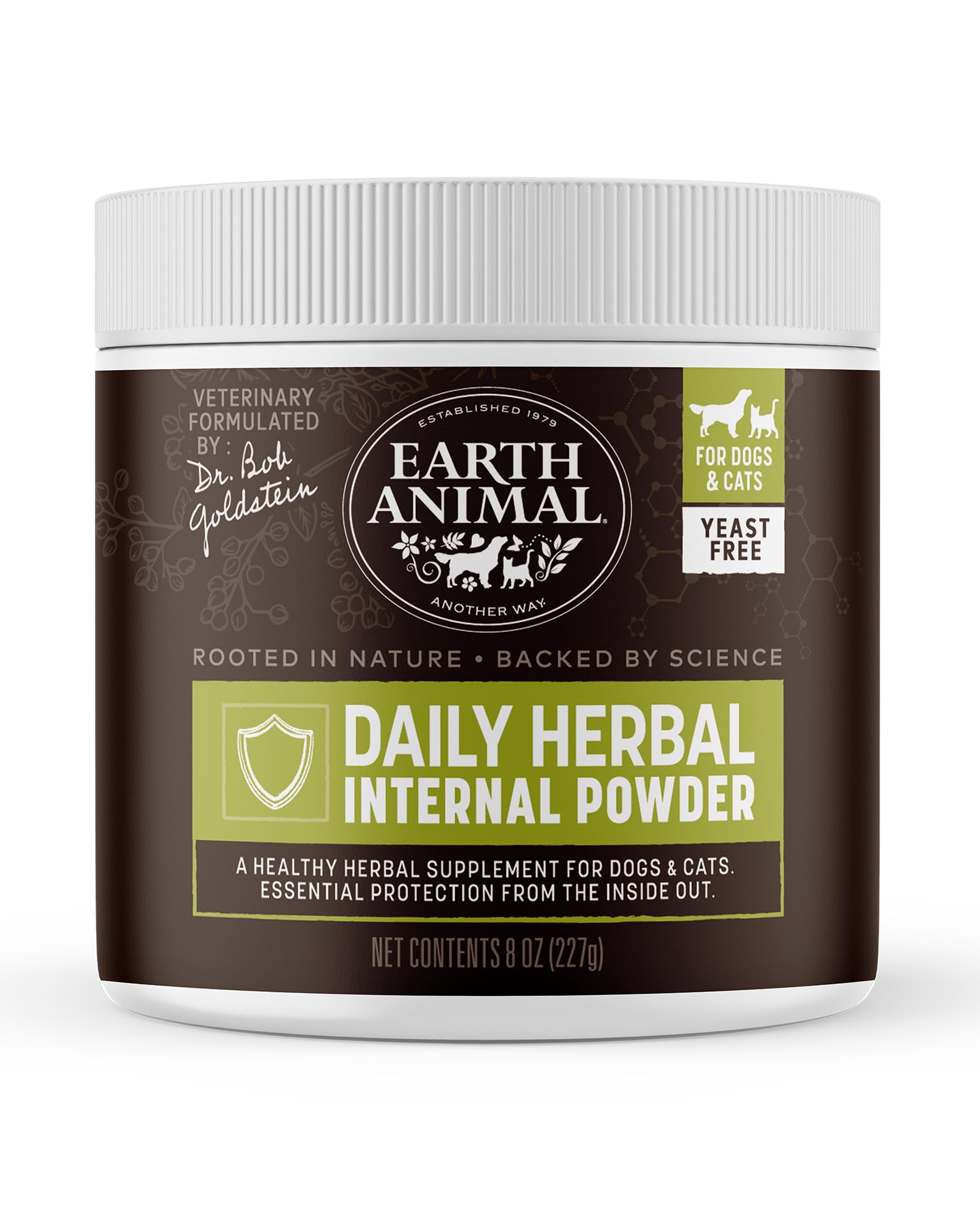 Earth Animal Apothecary daily internal powder packaging highlights vet-formulated natural flea and tick protection.