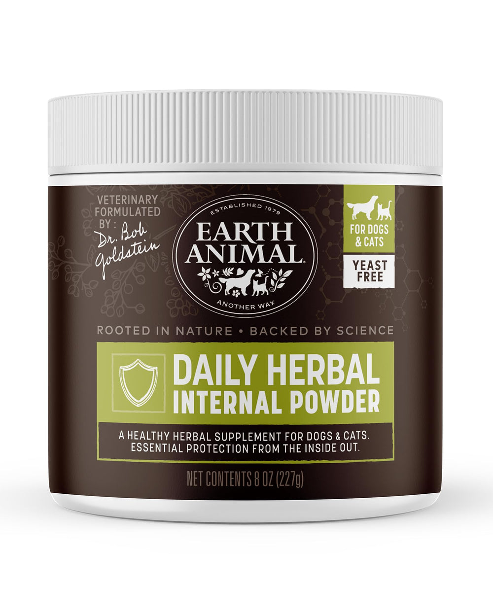 Earth Animal Apothecary daily internal powder packaging highlights vet-formulated natural flea and tick protection.