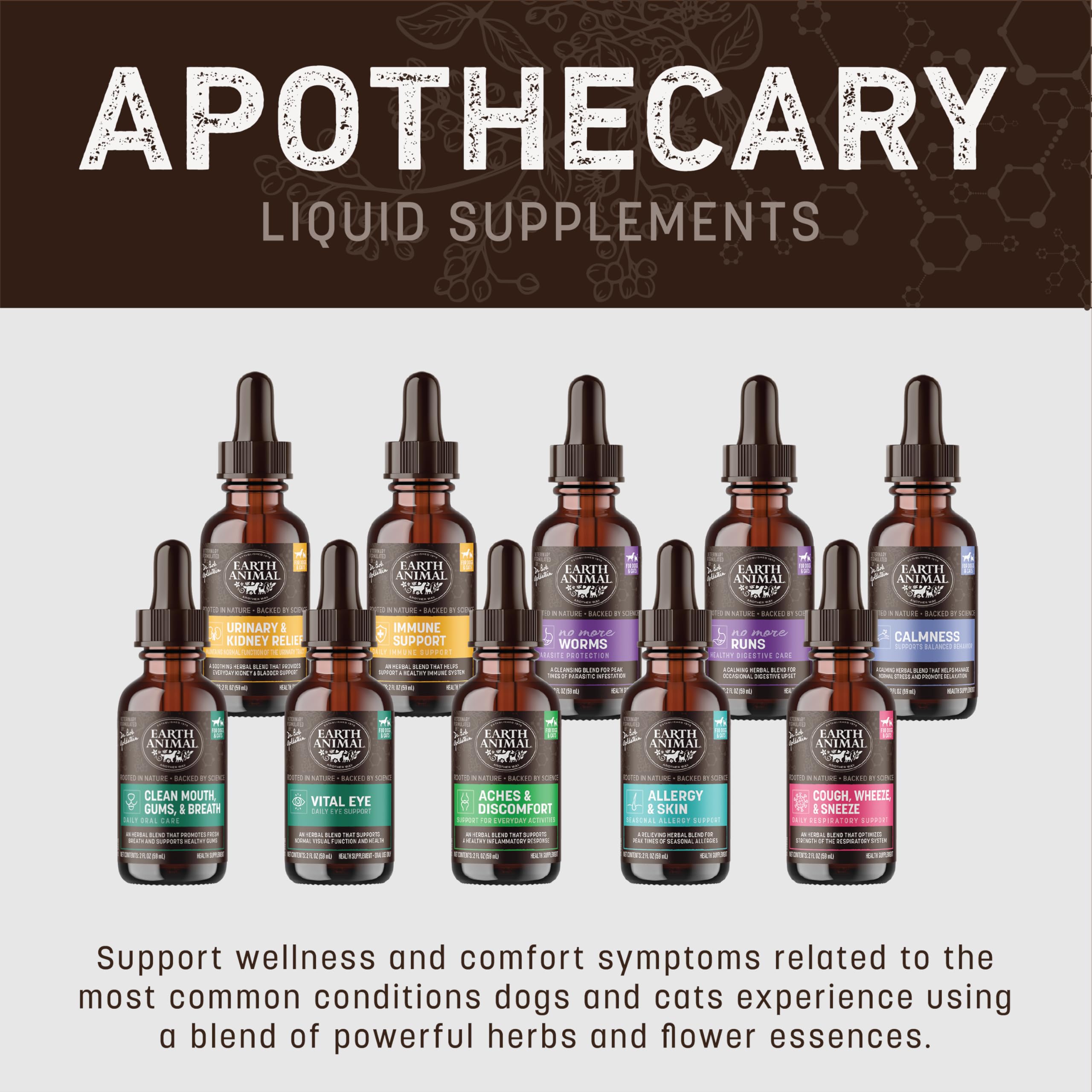 Earth Animal Apothecary herbal ingredients close-up featuring medicinal botanicals.