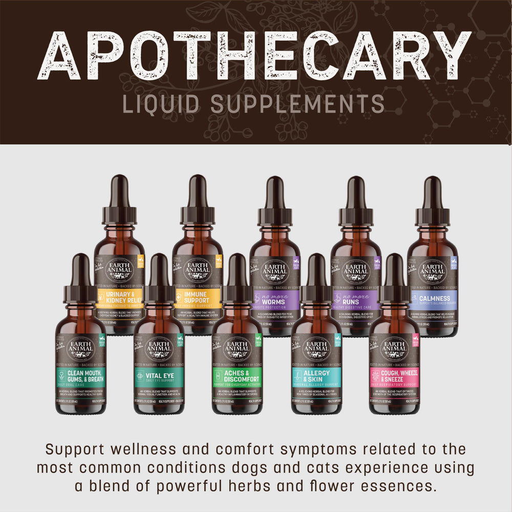 Earth Animal Apothecary herbal ingredients close-up featuring medicinal botanicals.