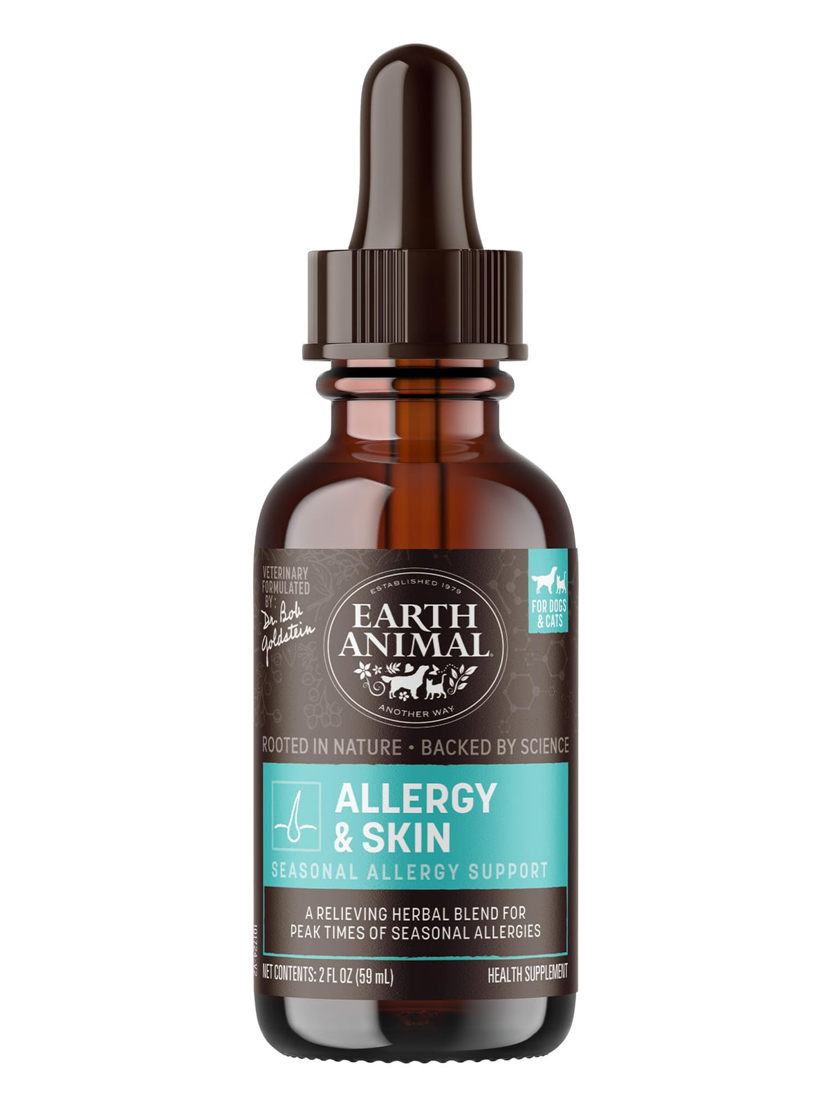 Earth Animal Apothecary liquid supplement bottle for daily pet allergy support.