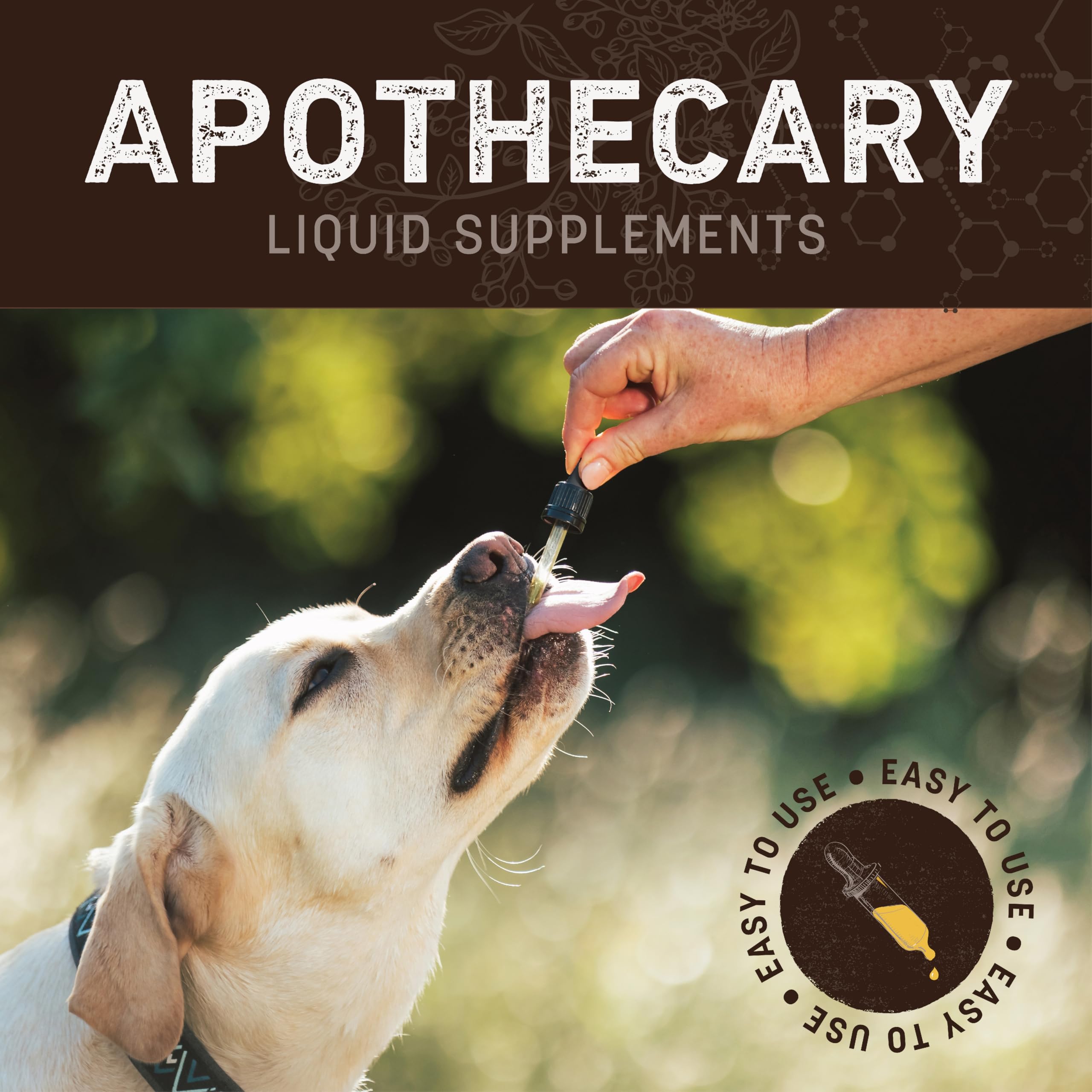 Earth Animal Apothecary liquid drops showing easy direct dosing into pets' mouths.