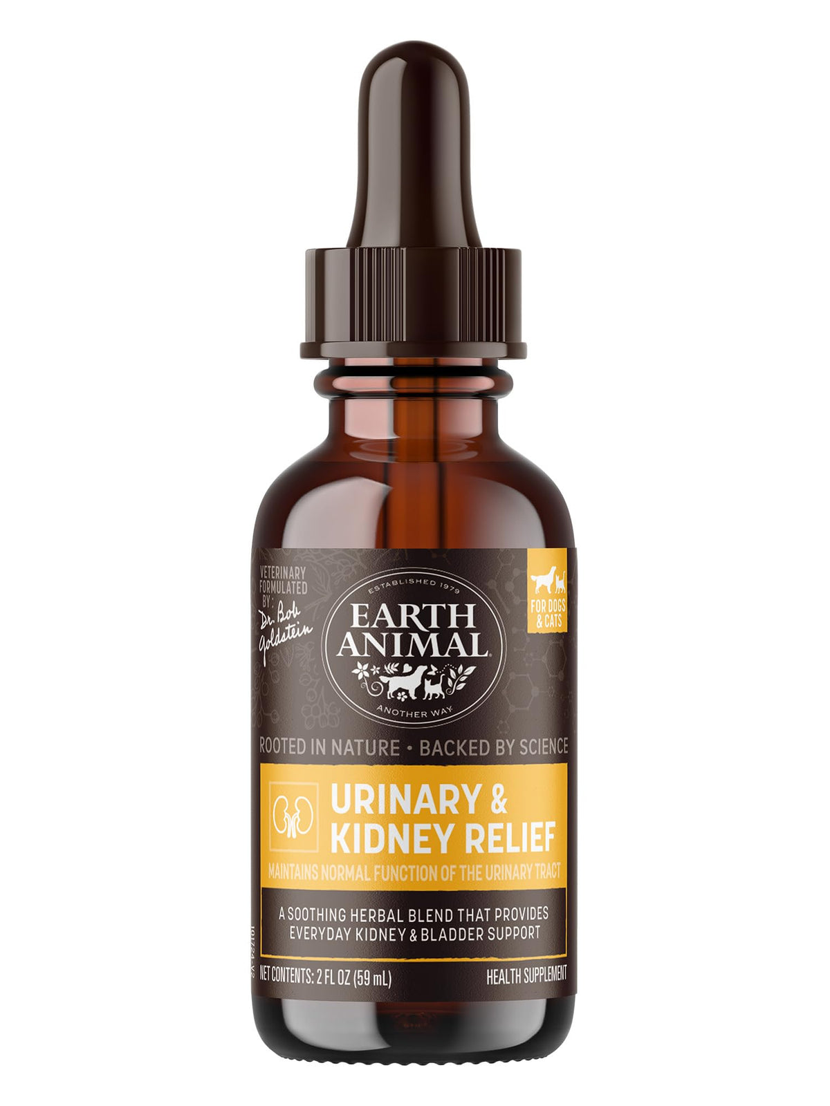 Earth Animal Apothecary urinary-relief bottle showing herbal support for pets.