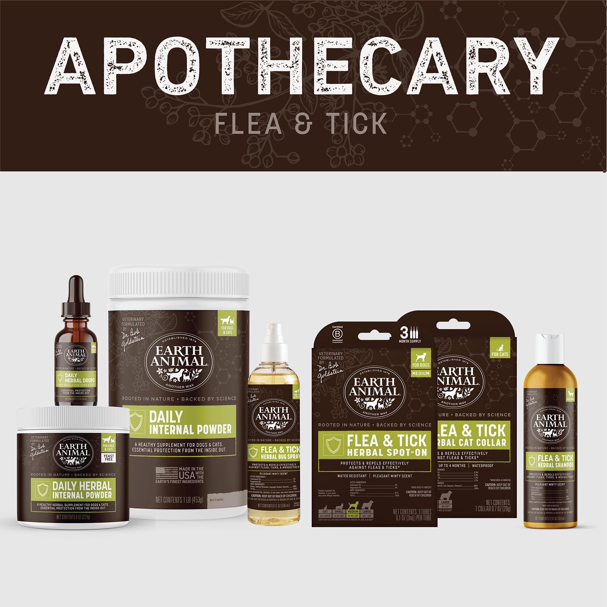 Earth Animal Apothecary veterinary-formulated ingredients panel signals natural flea and tick support