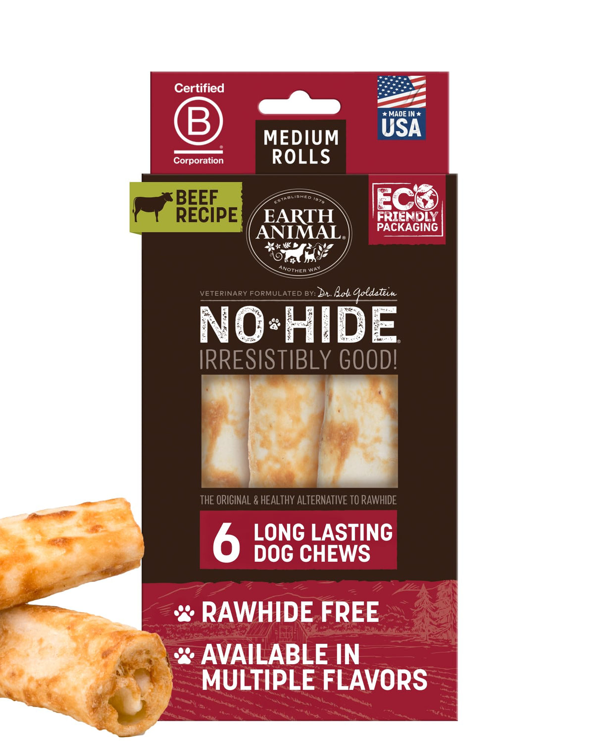 Earth Animal No Hide Chews beef rolls; long-lasting chew for medium dogs.