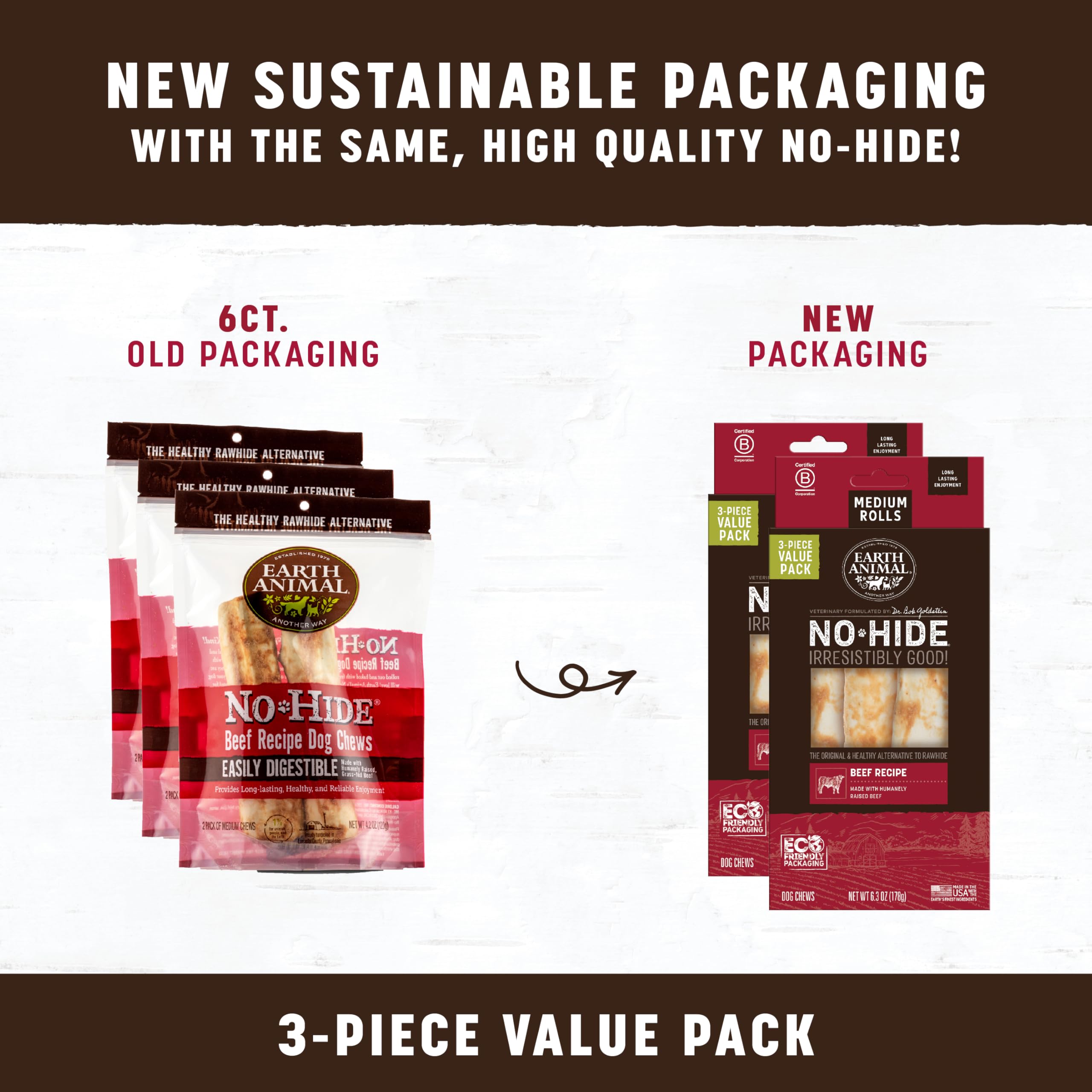 Close-up of ingredients for Earth Animal No Hide Chews beef rolls and simple formulation.