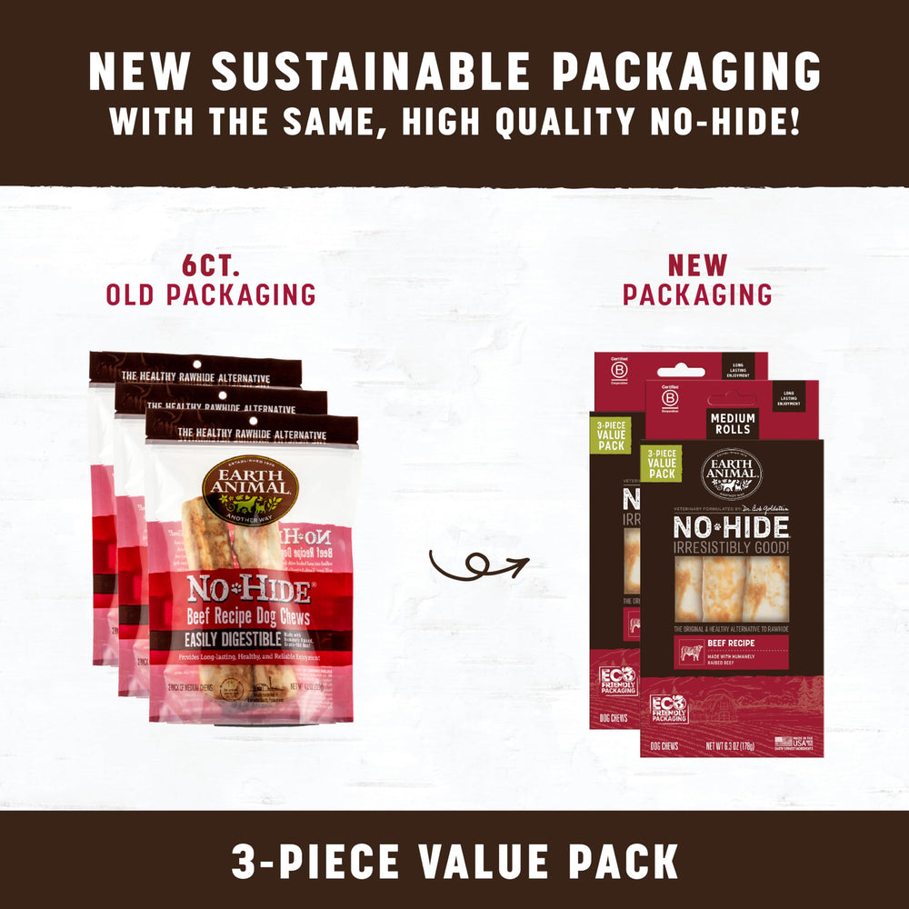 Close-up of ingredients for Earth Animal No Hide Chews beef rolls and simple formulation.