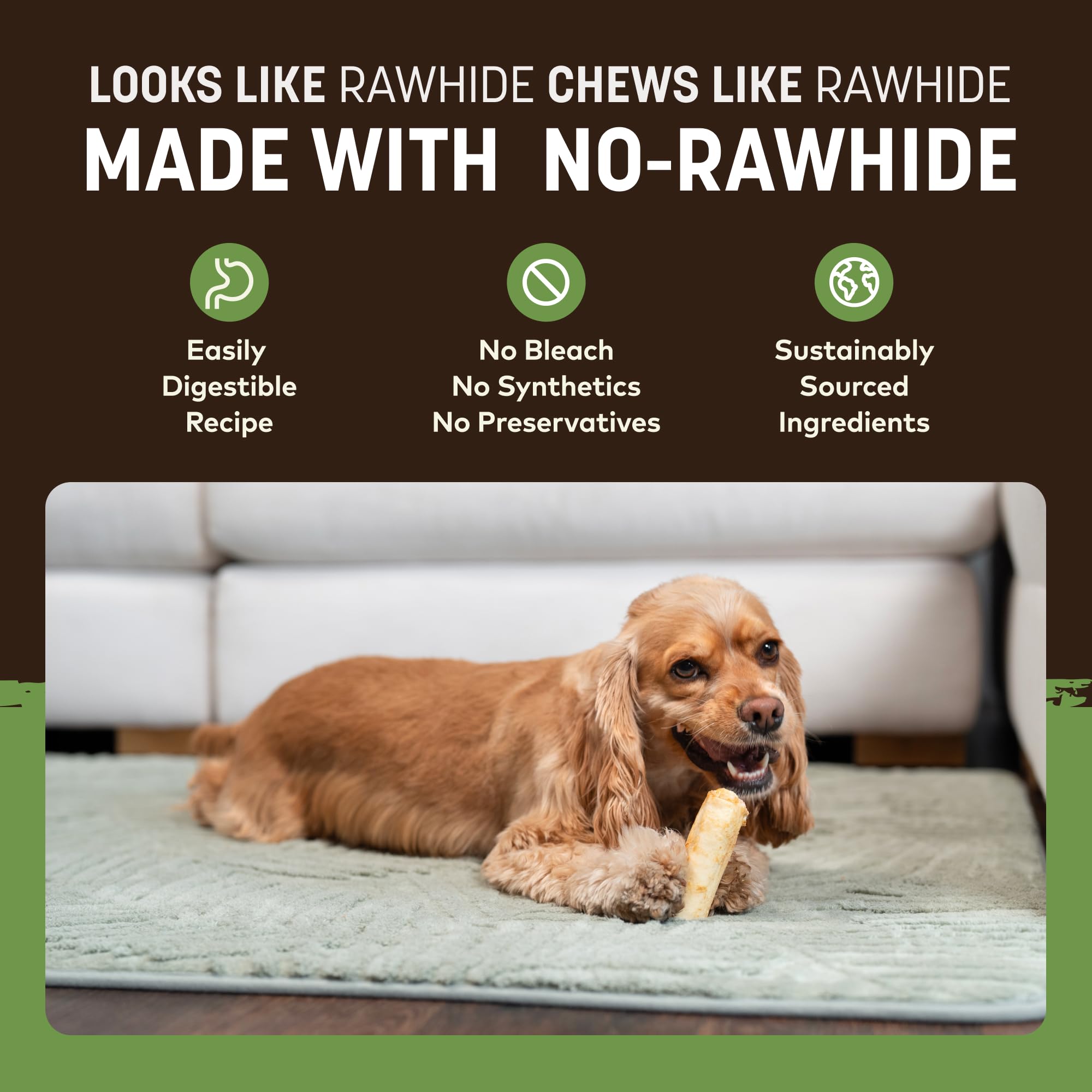 Earth Animal No Hide Chews two-piece rolls demonstrate rawhide-free design for small dogs.