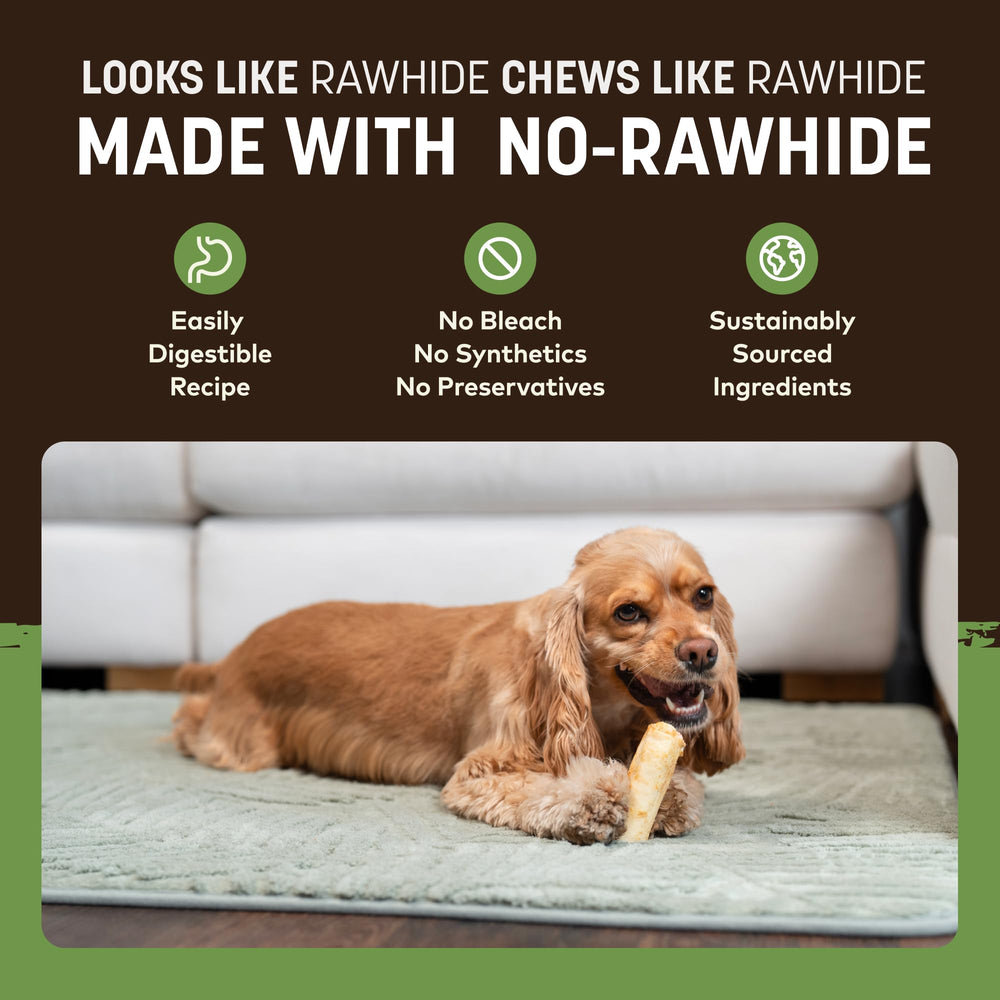 Earth Animal No Hide Chews two-piece rolls demonstrate rawhide-free design for small dogs.