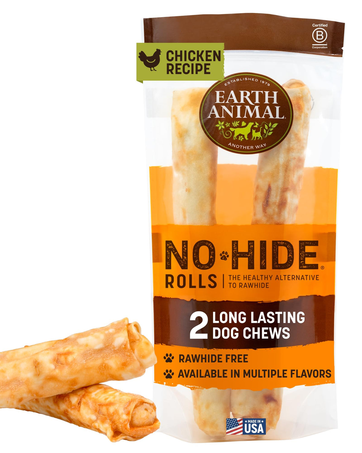 Earth Animal No Hide Chews large dog rolls packaging shows USA-made long-lasting chew.