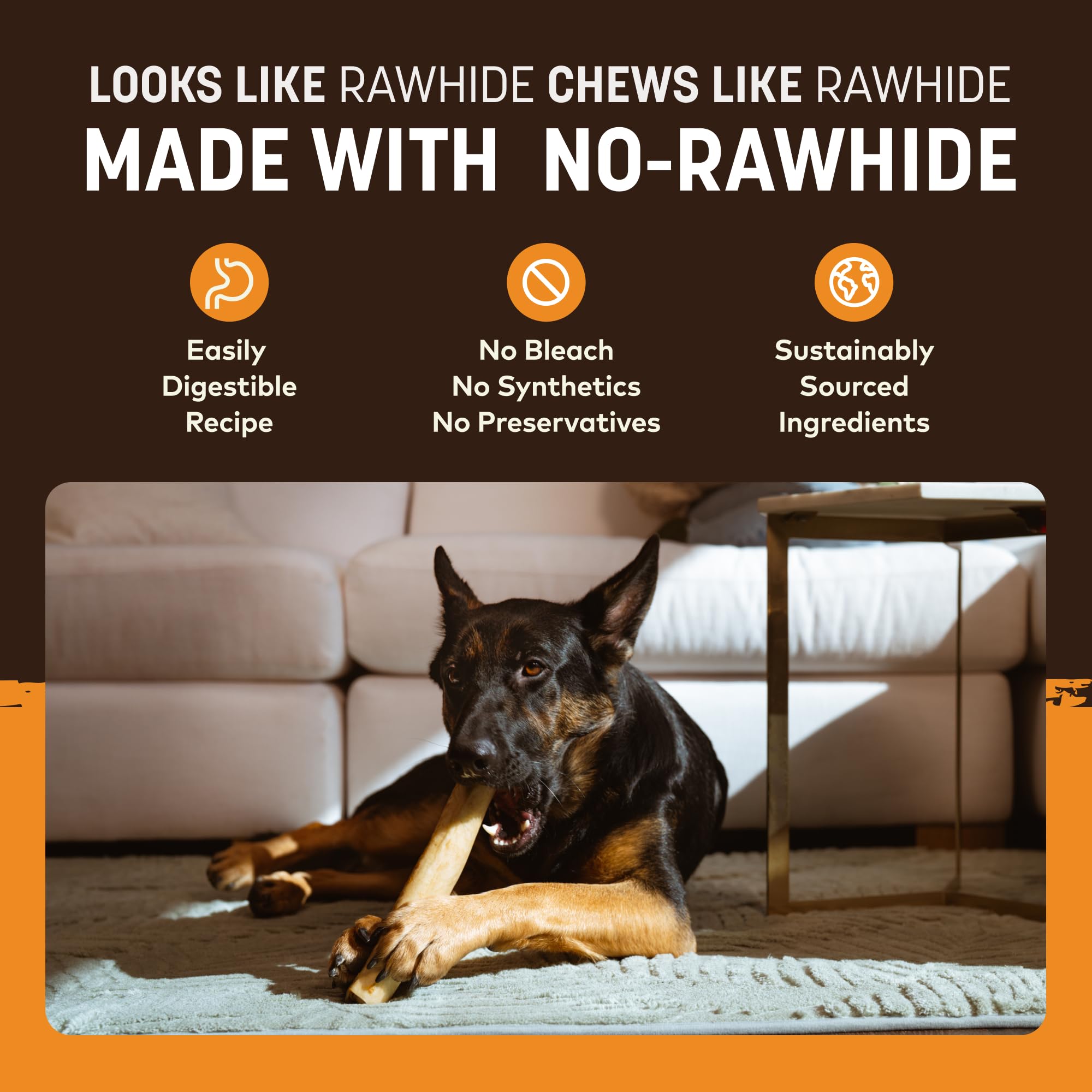 Earth Animal No Hide Chews USA-made badge emphasizes domestic production.