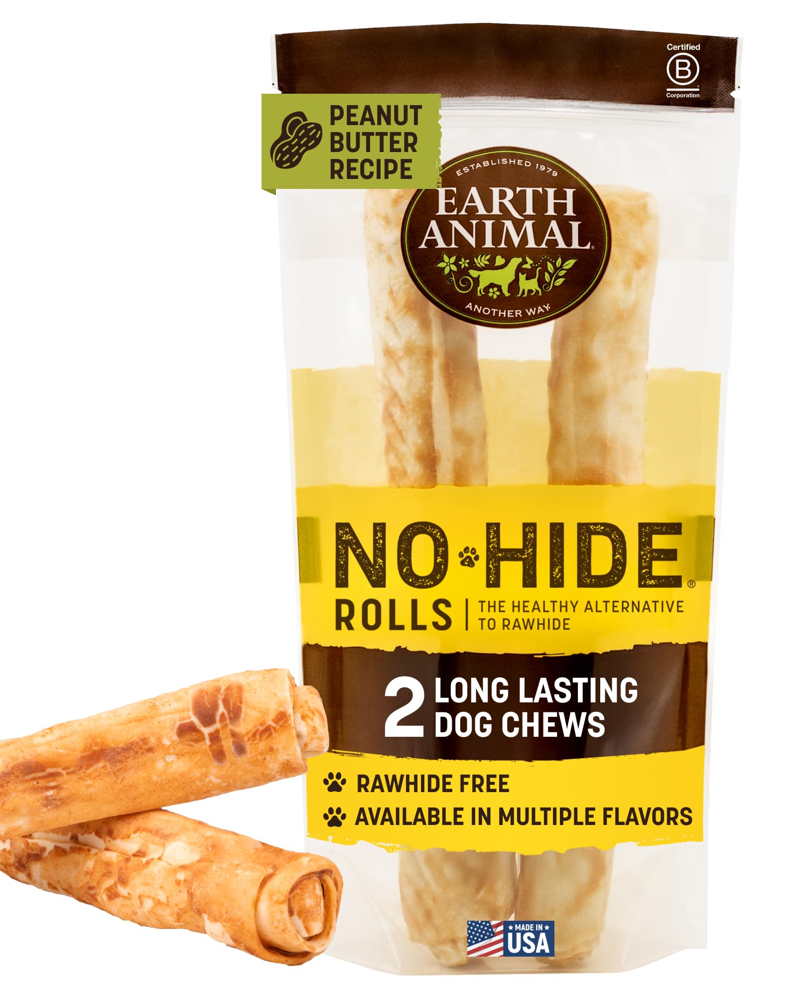 Earth Animal No Hide Chews large dog rolls peanut butter closeup texture for long-lasting chew