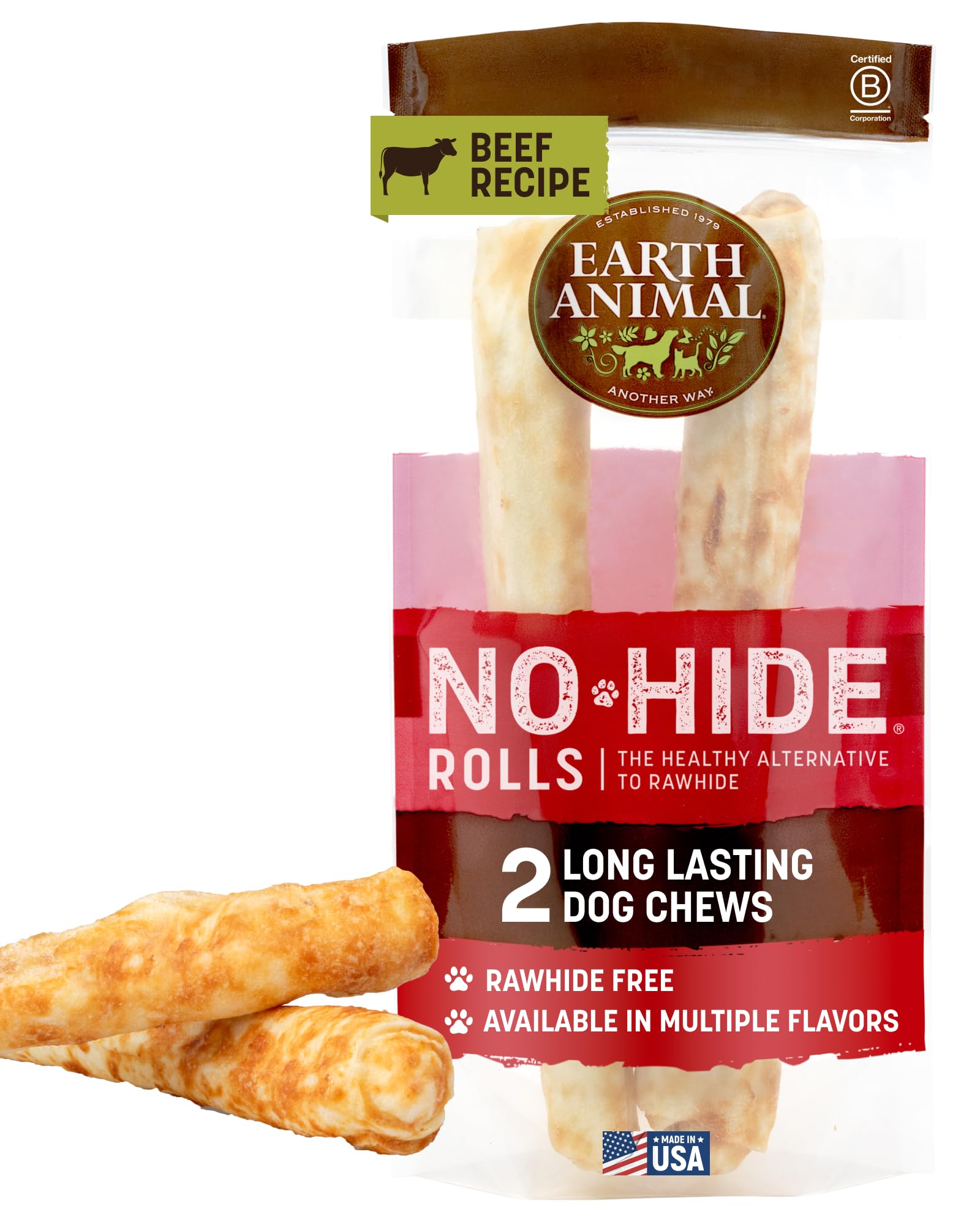 Earth Animal No Hide Chews large roll beef—long-lasting chew for big dogs.