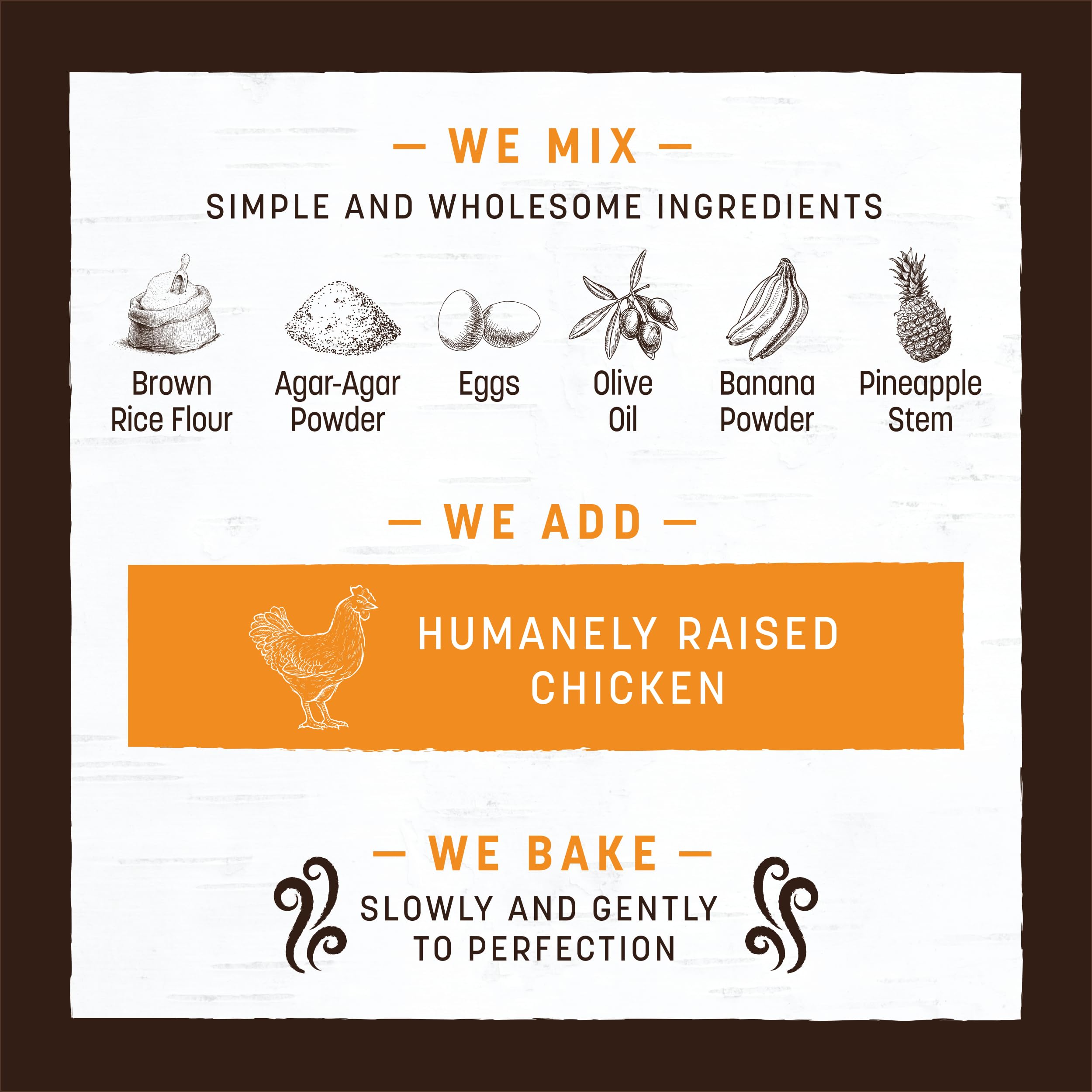 Earth Animal No Hide Chews Rolls ingredients image – brown rice flour, eggs, olive oil base