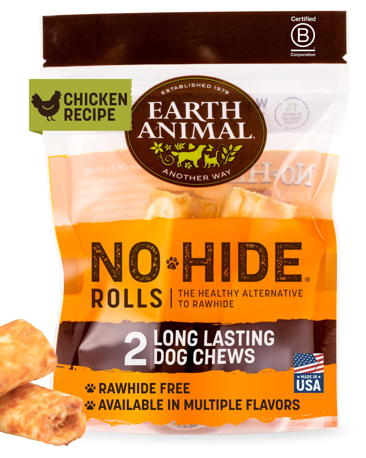 Earth Animal No Hide Chews Rolls long-lasting chicken chews for small dogs, reduces boredom.