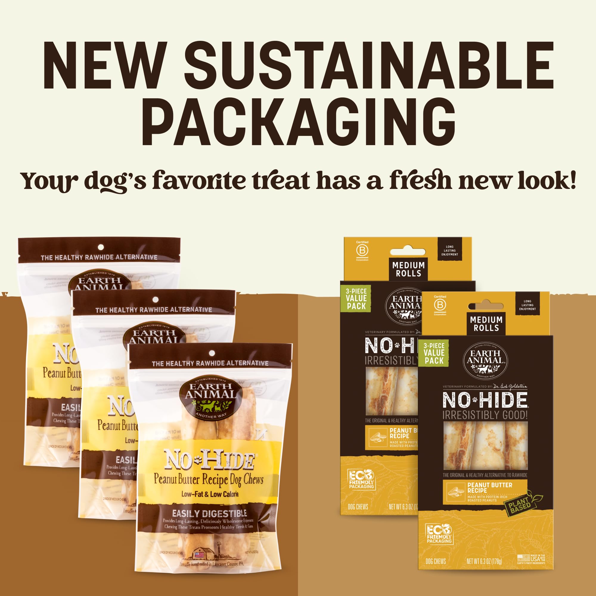 Earth Animal No Hide Chews closeup label shows peanut butter aroma and wholesome ingredients