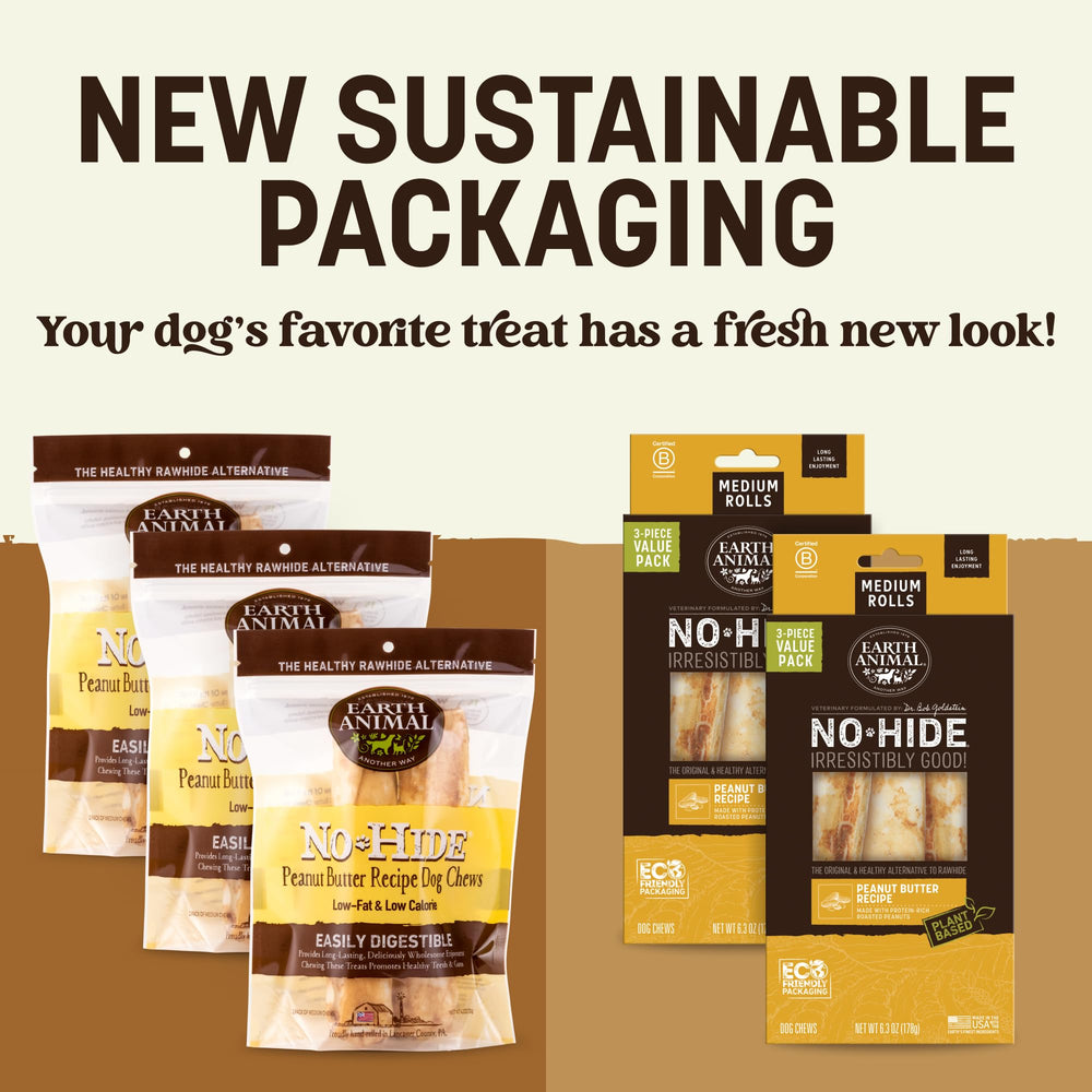 Earth Animal No Hide Chews closeup label shows peanut butter aroma and wholesome ingredients