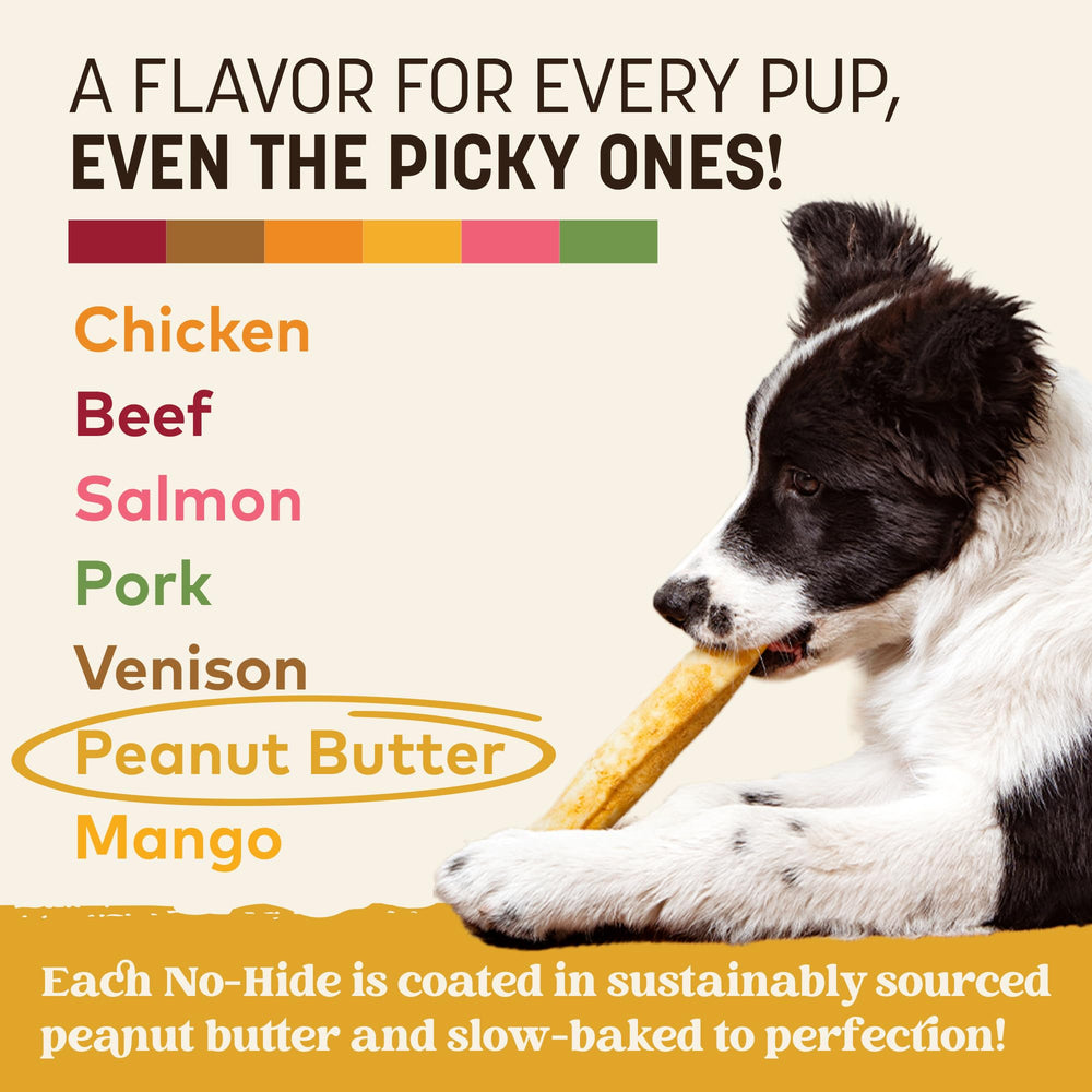Earth Animal No Hide Chews ingredient list image emphasizes USA-made, low-fat peanut butter formula